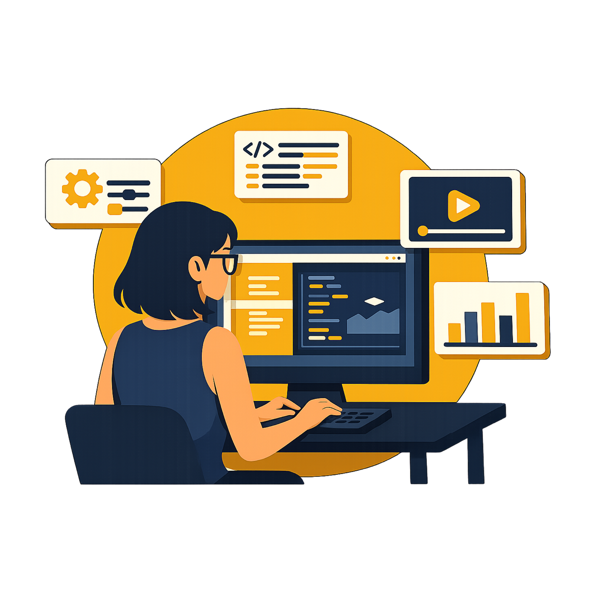 Professional working at computer with data analytics and development tools