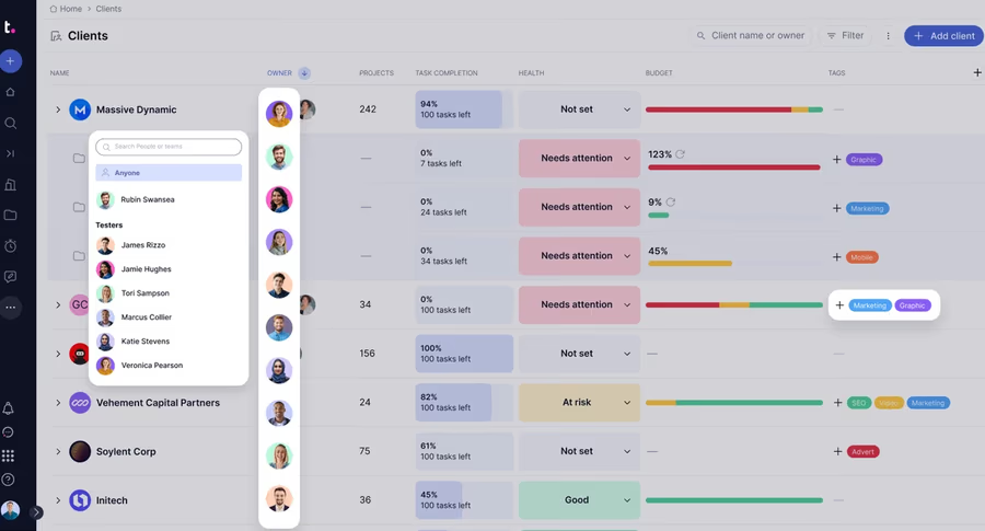 Teamwork.com Clients dashboard showing client health, task completion, budgets, and tags